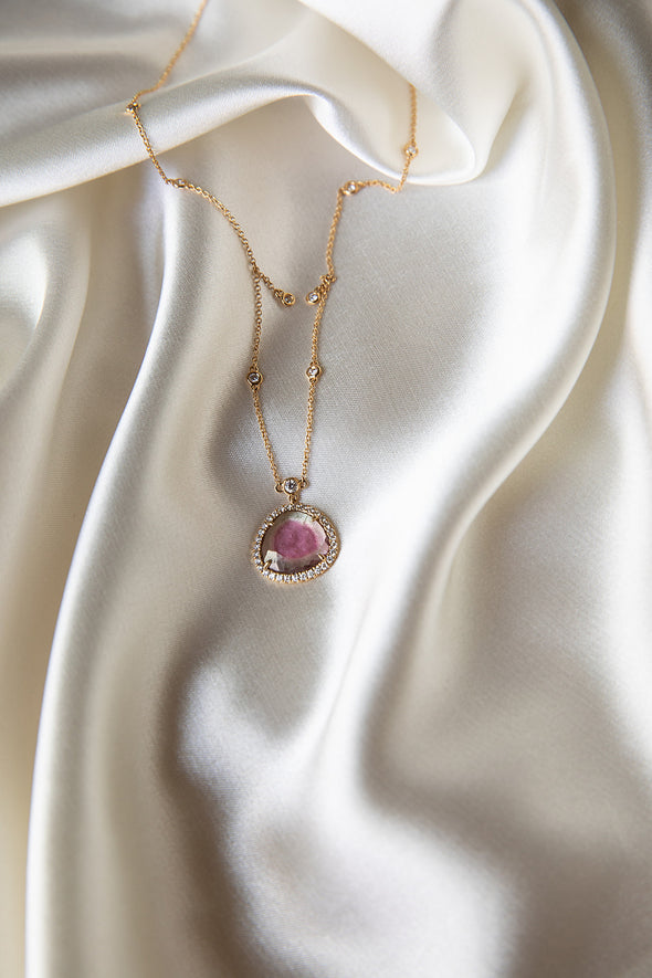 18KT rose gold Watermelon Tourmaline necklace with diamonds